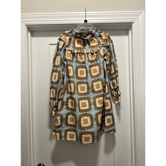 Olivia James The Label Mini Dress Block Print Cotton Ruffled Collar Size XS Boho - Picture 1 of 7